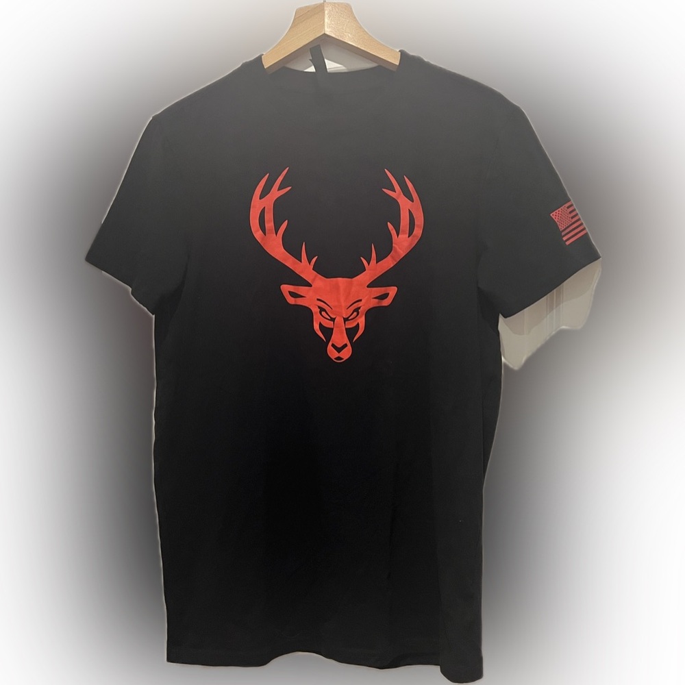 BuckedUp Black T-Shirt with Red Deer Graphic